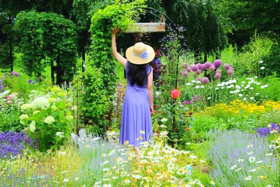 ラベンダー満開のガーデンで麦わら帽子の女性を撮影した写真